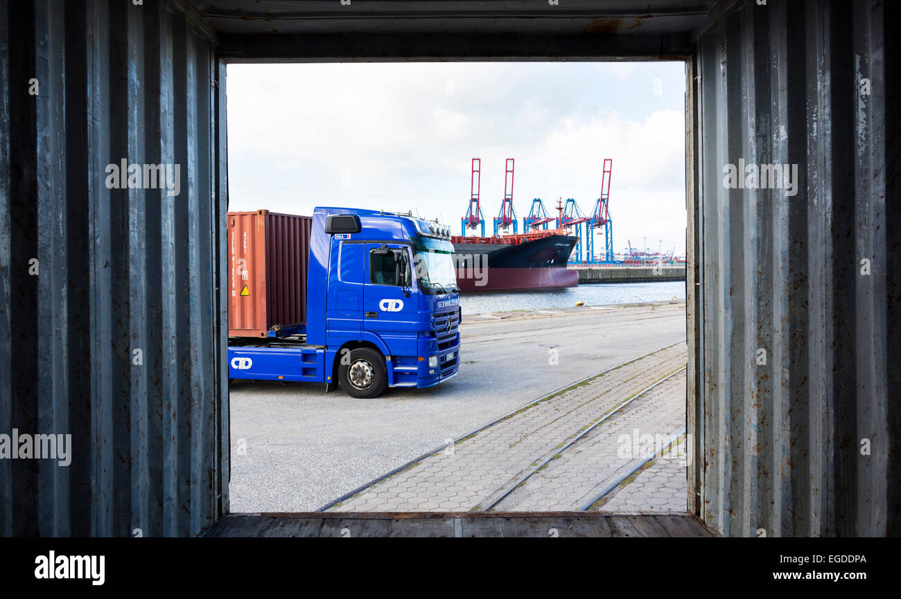 Container truck at Hamburg harbour, Hamburg, Germany Stock Photo