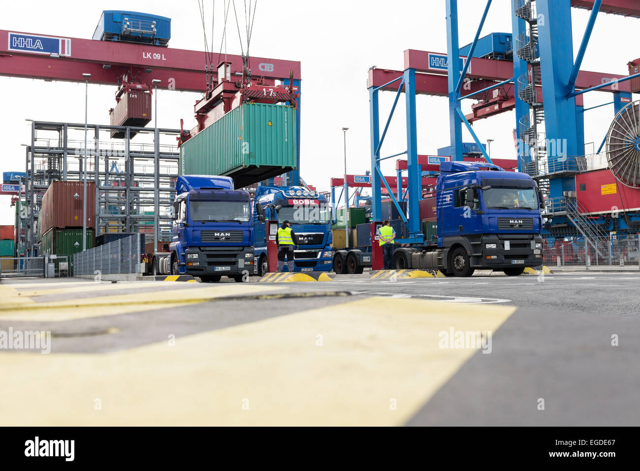 Container loading a truck in the port of Hamburg, Hamburg, Germany Stock Photo