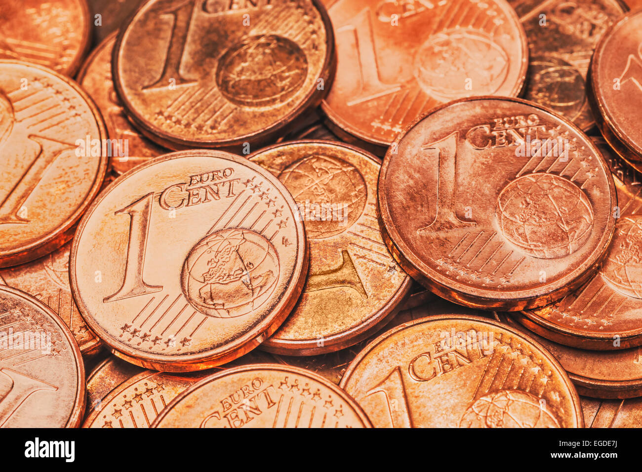 Many 1 Euro Cent coins, front side Stock Photo