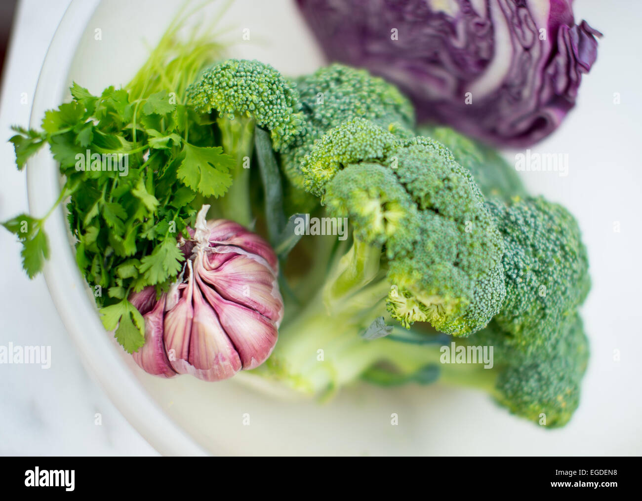Broccoli, garlic cloves and red cabbage and coriander on a white plate in preparation for cooking. Stock Photo