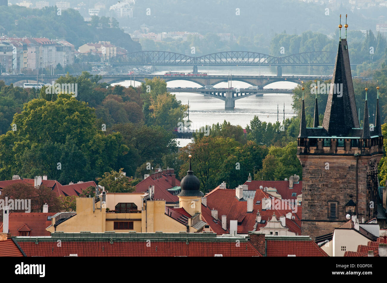 View to bridges over the Vltava river, Moldau, Prague, Czech Republic, Europe Stock Photo