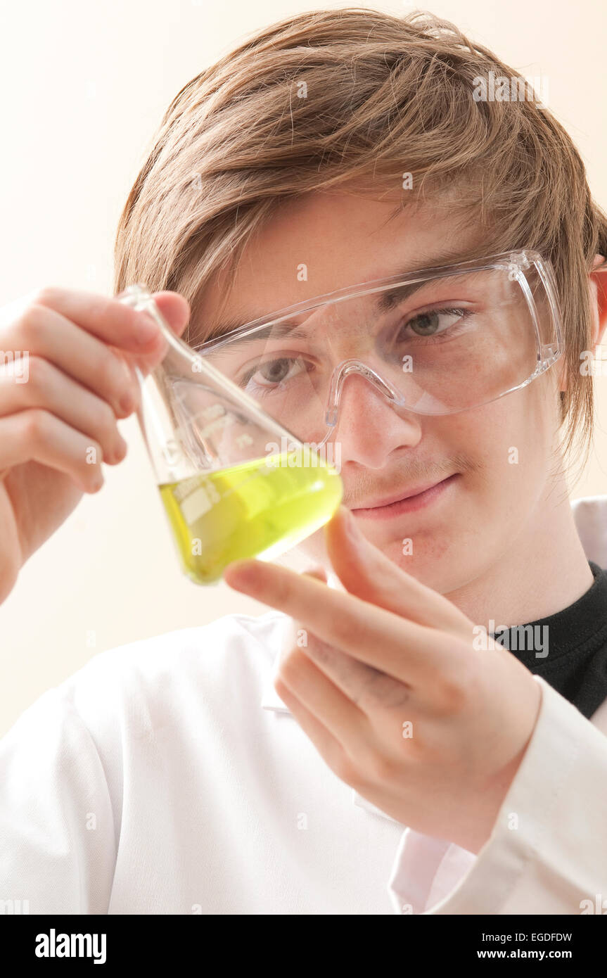 teenage school boy in chemistry lesson Stock Photo