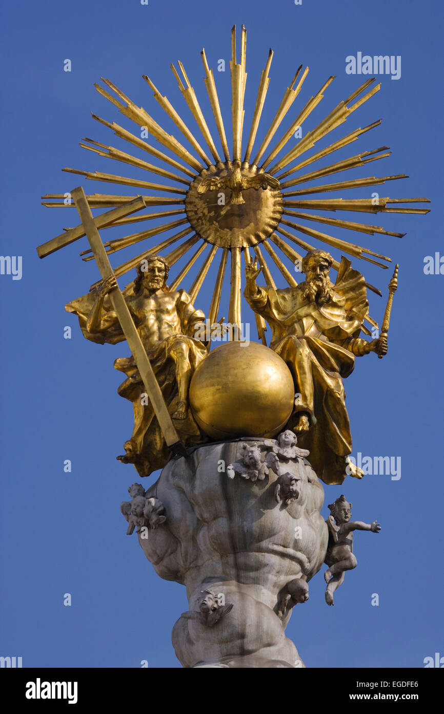 Top of the baroque Holy Trinity column, also called plague column, Hauptplatz, Linz, Upper Austria, Austria Stock Photo