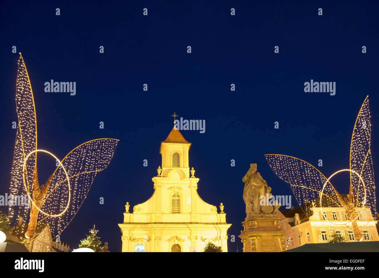 Christmas market and catholic church Market square Ludwigsburg Baden Württemberg Germany