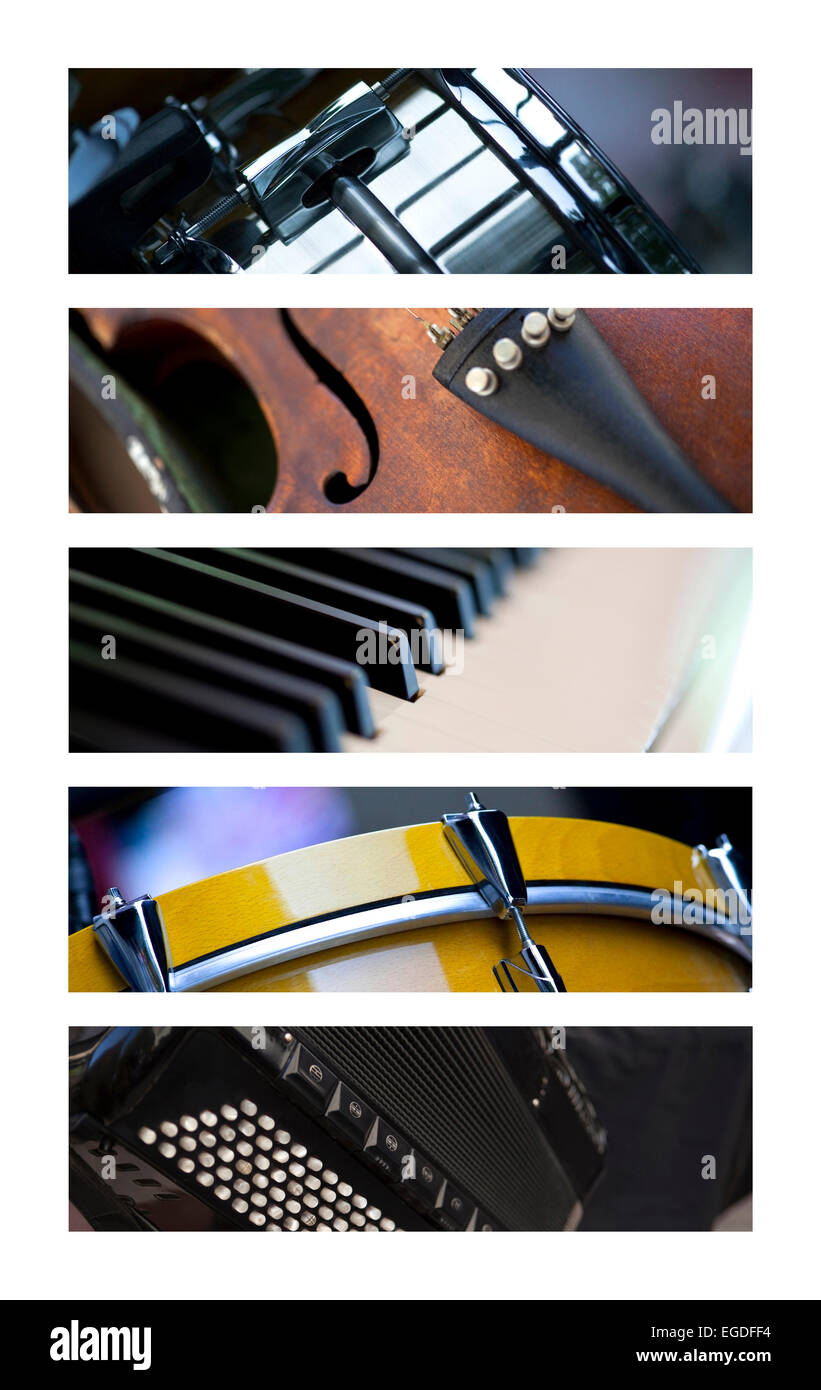 Various musical instruments on a collage Stock Photo