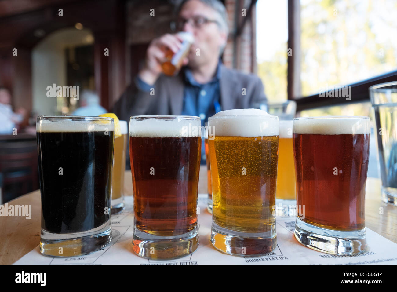 Flight of beers. Steelhead Brewery and Restaurant in Burlingame, California. Stock Photo