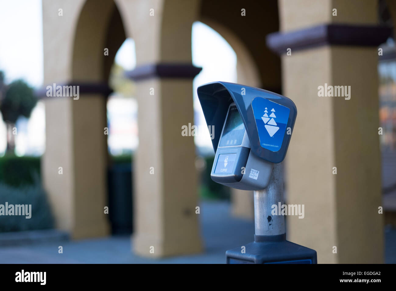 Clipper Card terminal at the Caltrain station in downtown Burlingame California. Commuter rail