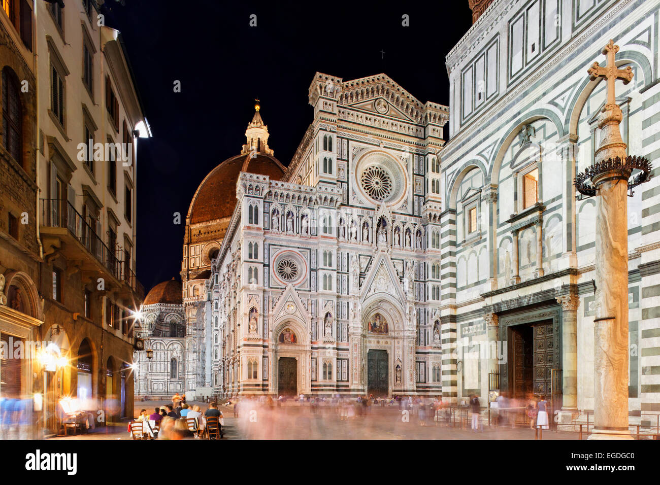 Baptisterium and facade of the cathedral at night, Santa Maria Del Fiore, Duomo, Florence, Tuscany, Italy Stock Photo