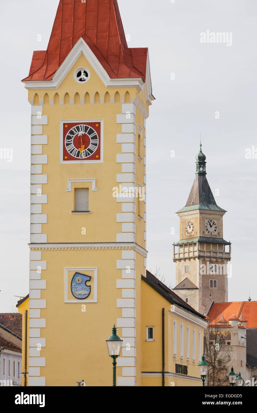 City tower and Wallsee castle, Wallsee-Sindelburg, Lower Austria, Austria Stock Photo
