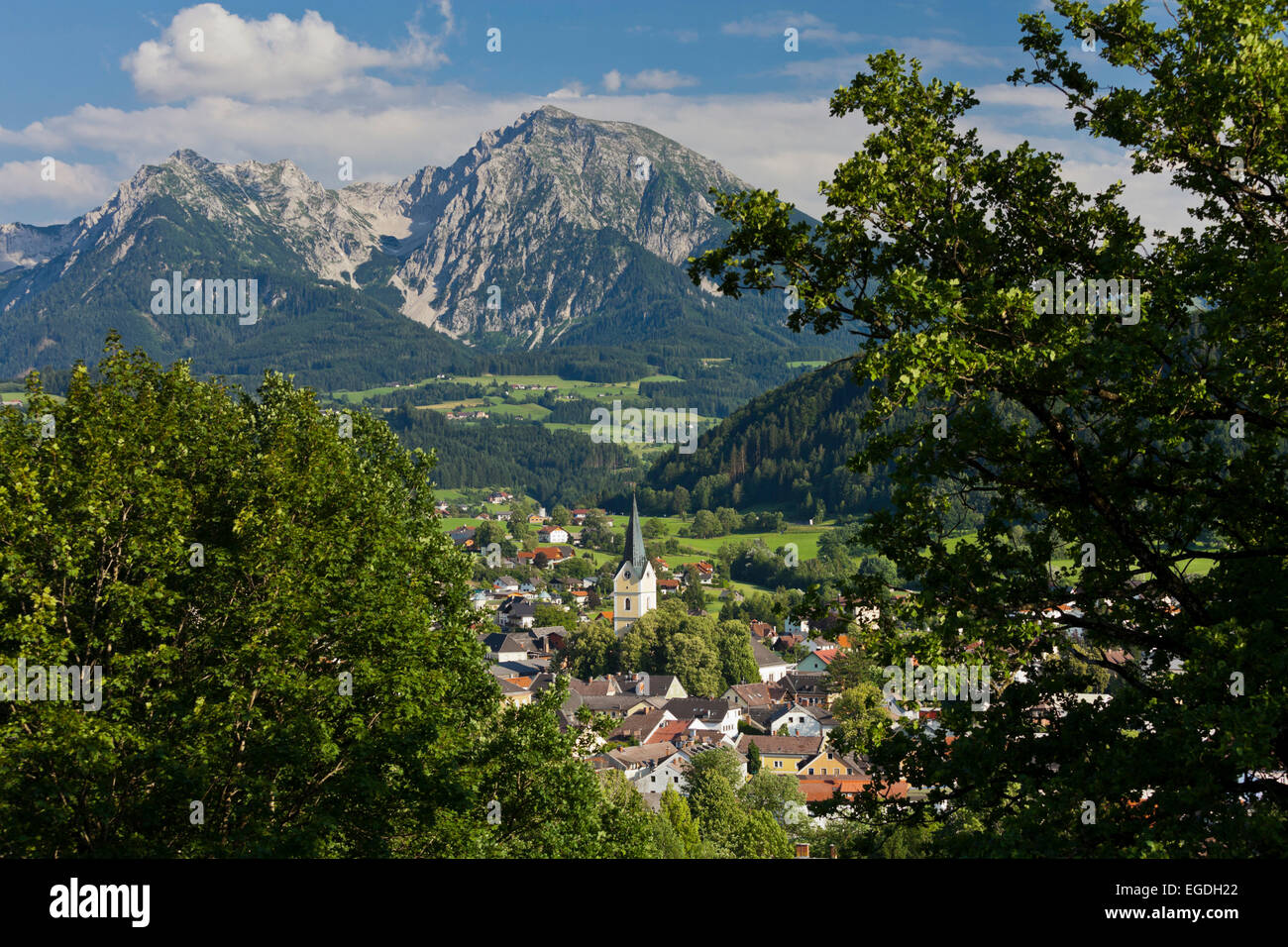 Windischgarsten seen from Kalvarienberg, Haller Mauer, Grosser Pyhrgas, Northern Limestone Alps, Upper Austria, Austria Stock Photo