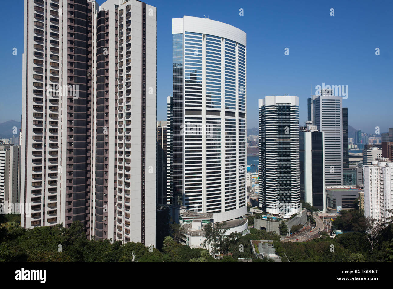 The view of Hong Kong and tall tower blocks seen from above Happy Valley. Stock Photo