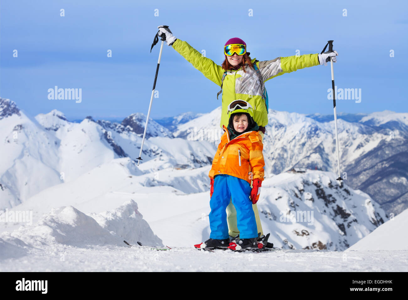 Happy winter ski vacation with children Stock Photo