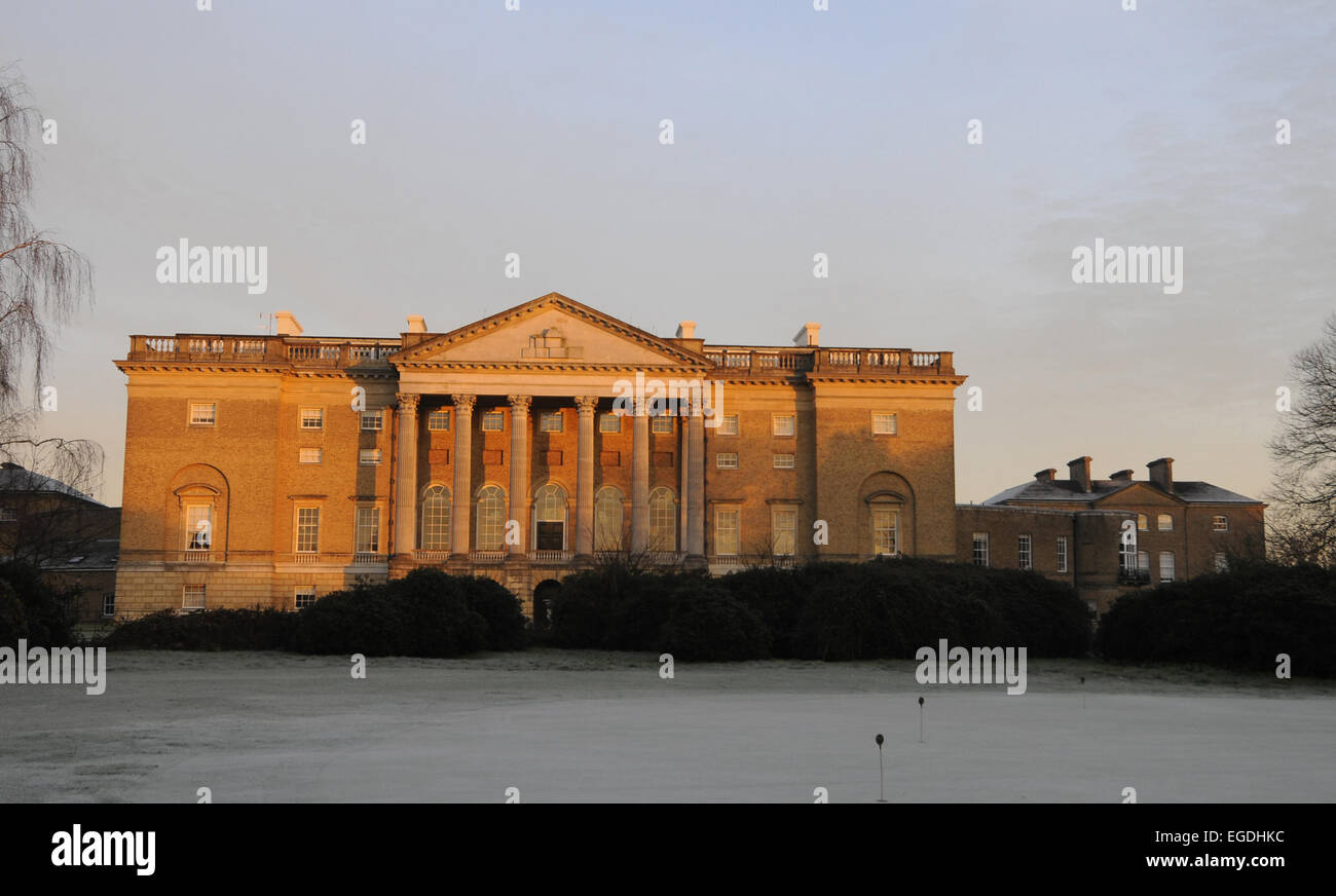 View over the Putting Green to Thorndon Hall on a frosty morning Thorndon Park Golf Club Essex England Stock Photo