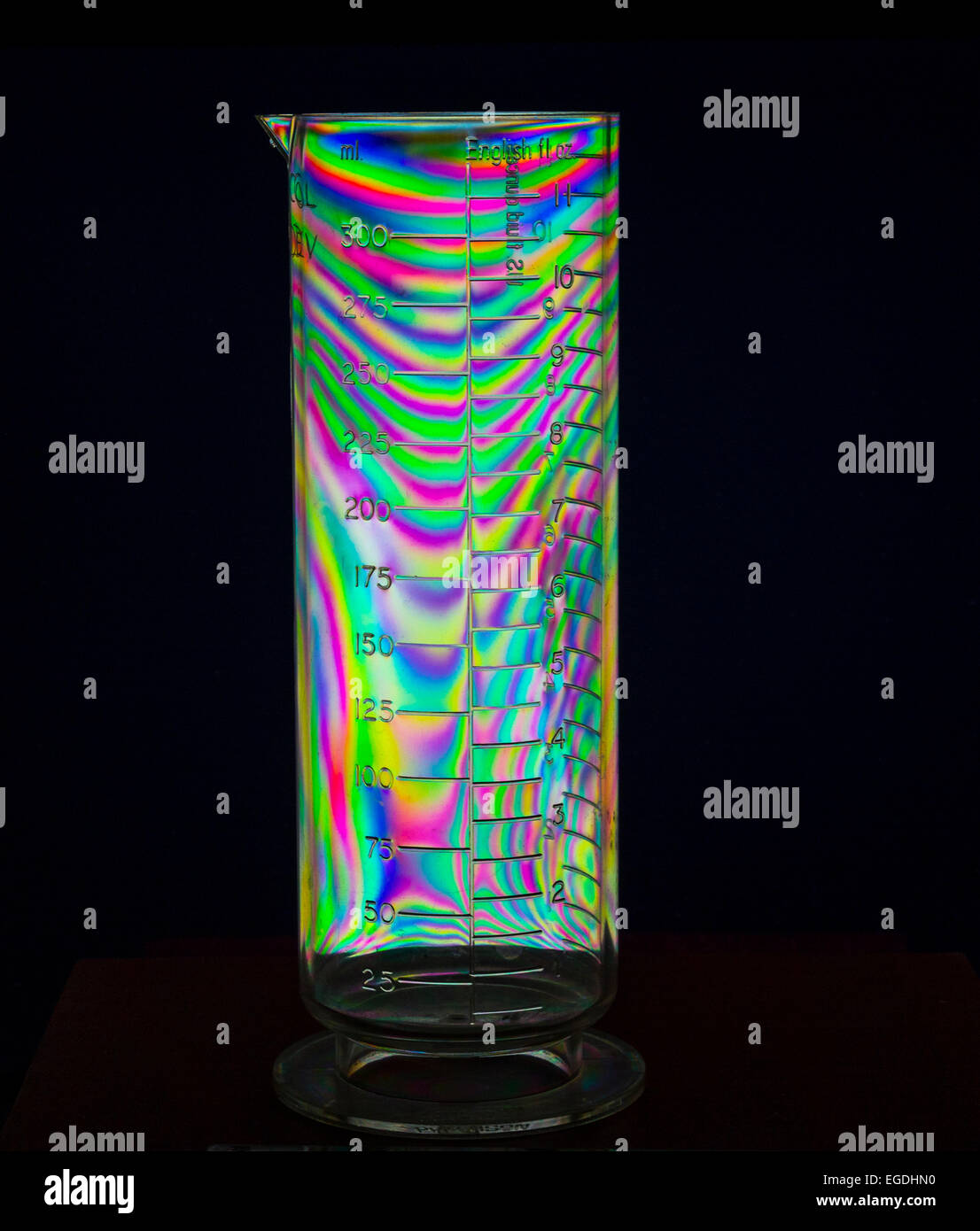 Plastic measuring cylinder illuminated by polarised light with polarising filter on camera lens. Stock Photo