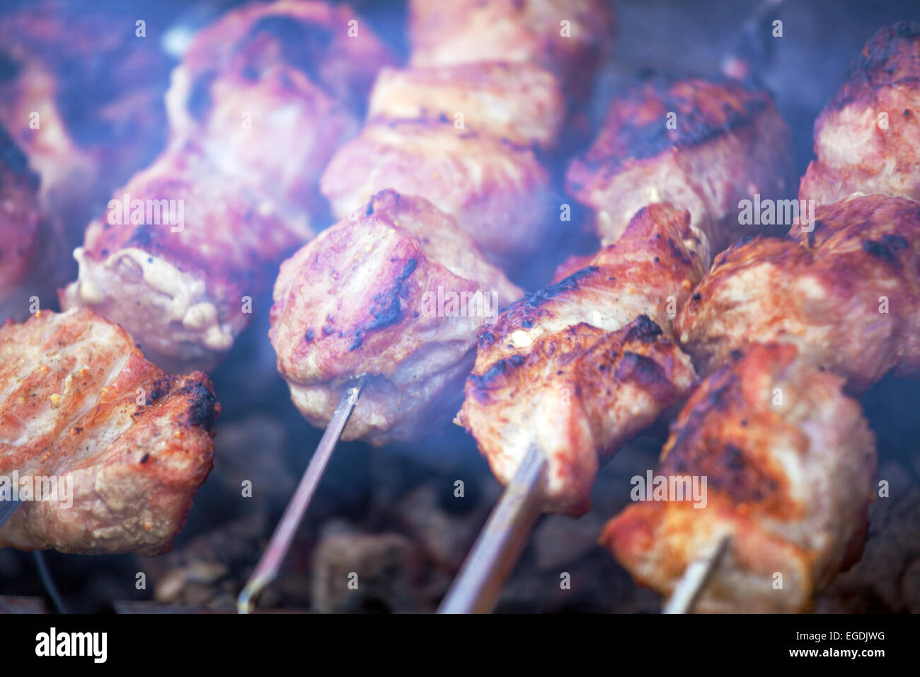 Hot Pork Kebabs with Smoke Closeup Stock Photo Alamy