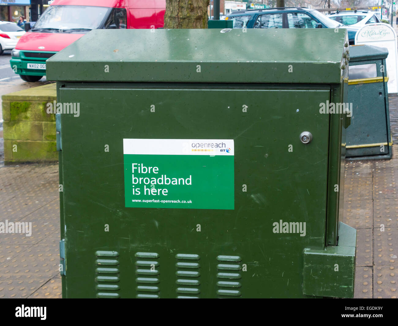 Fibre Broadband is Coming notice on a BTOpenreach roadside cabinet Stock Photo