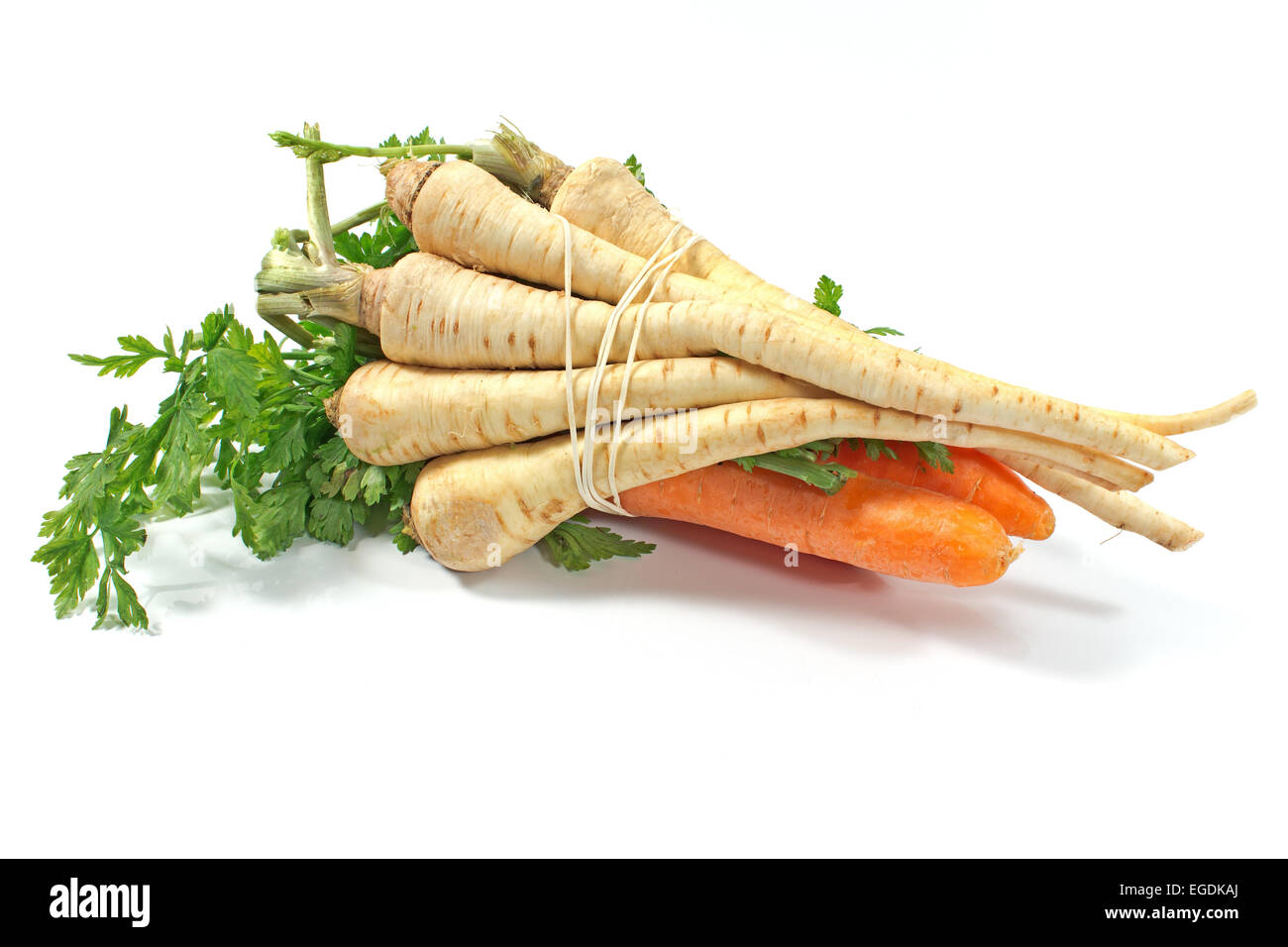 Fresh carrot and parsley with root on white Stock Photo