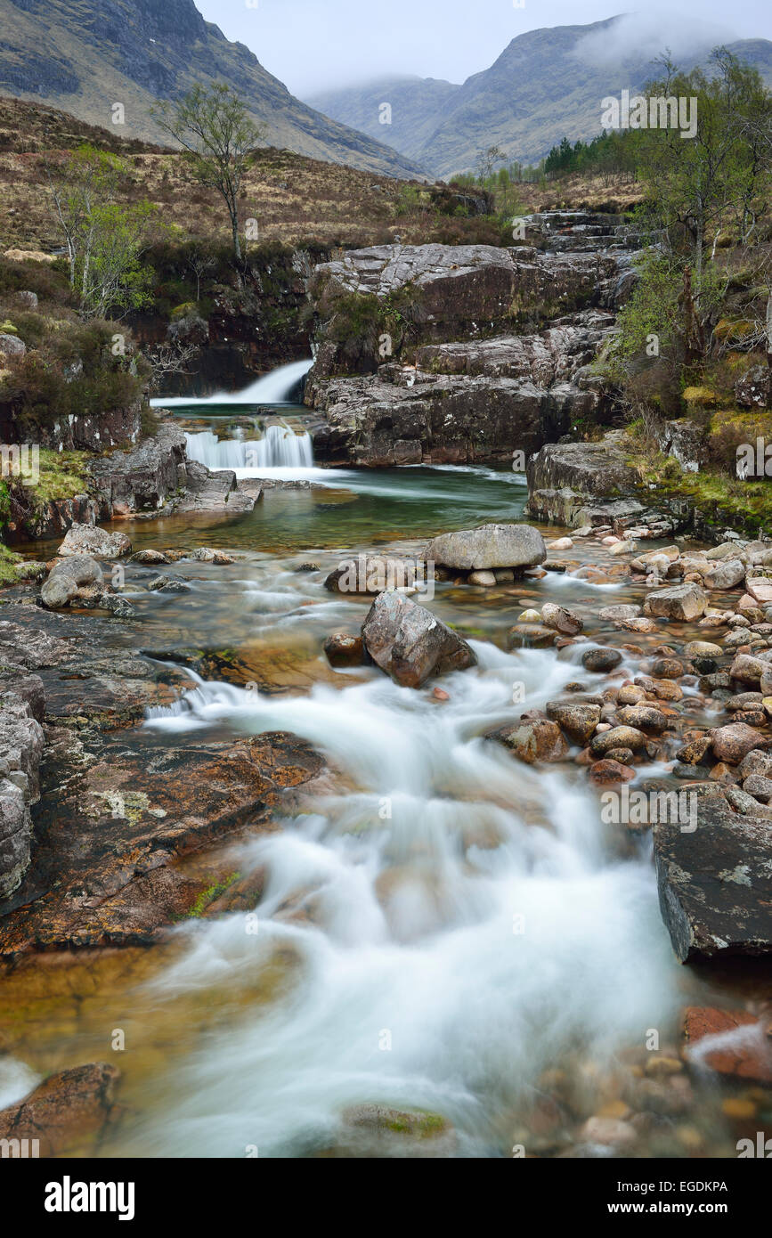 Waterfall at Glen Etive, Glen Etive, Highland, Scotland, Great Britain, United Kingdom Stock Photo