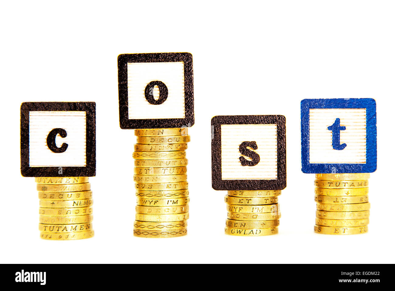 cost price money costing costs prices up down cash piles of coins concept cutout cut out white background copy space Stock Photo