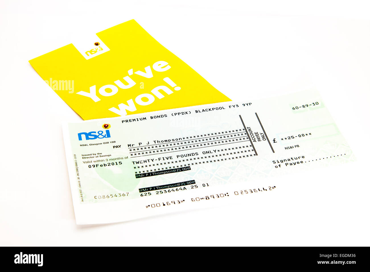 Premium bond win bonds winner cheque winners check national savings & investments investment payment Stock Photo