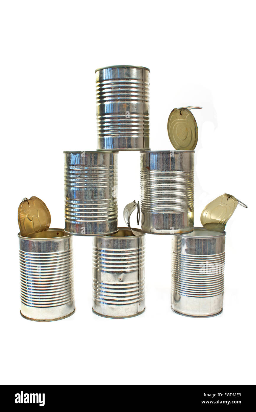 Pile of used cans isolated white Stock Photo