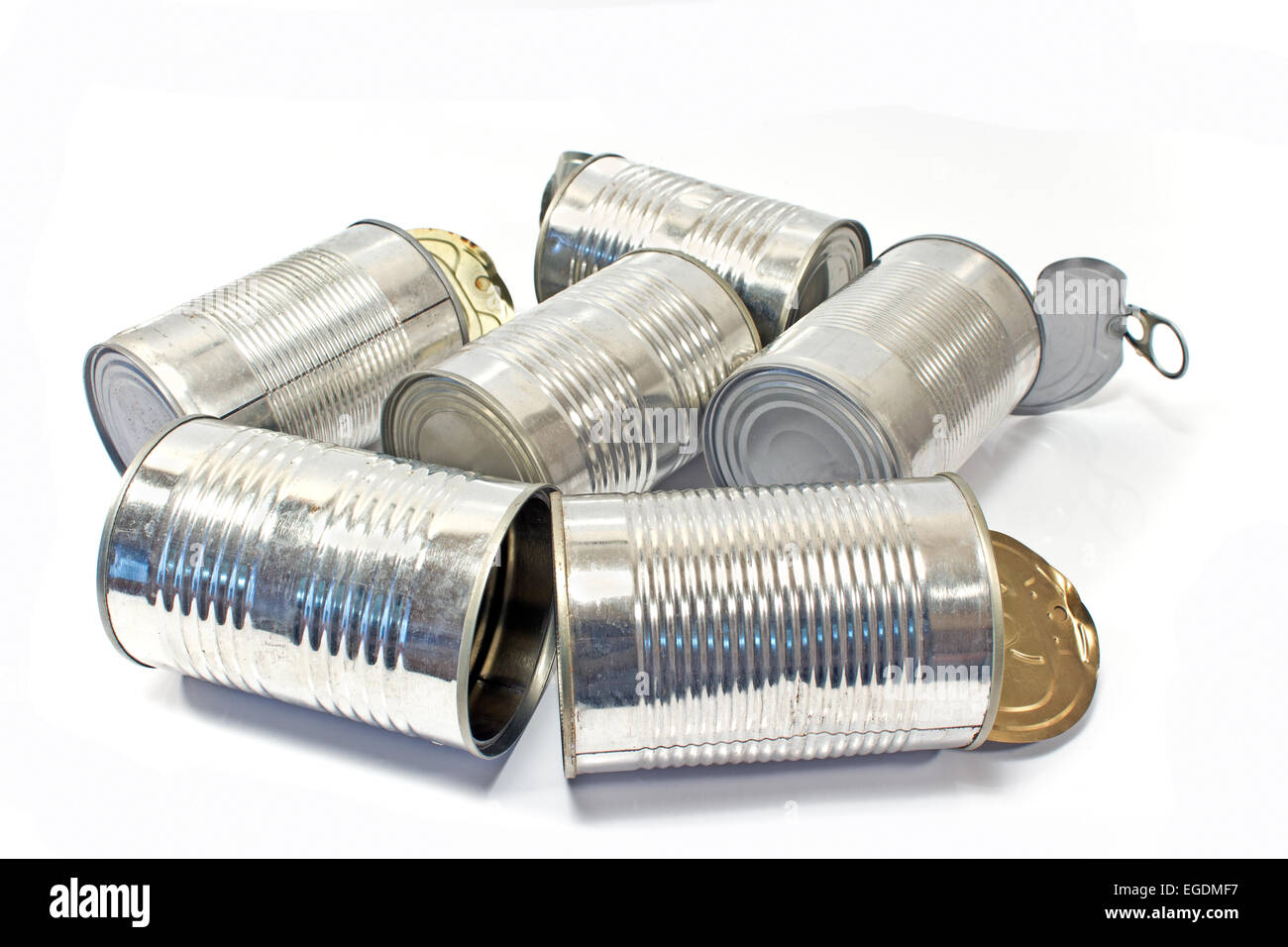 Pile of used cans over white background Stock Photo