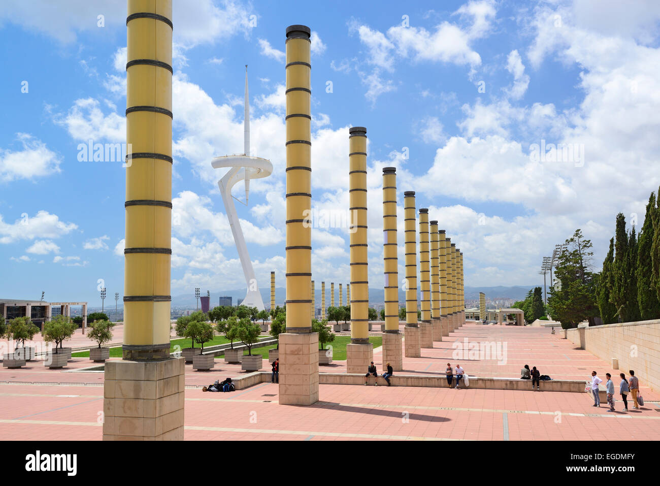 Anella Olimpica, forecourt Olympic stadium, with Torre de comunicacions de Montjuic, Torre Telefonica, Torre Calatrava, Montjuic, Barcelona, Catalonia, Spain Stock Photo