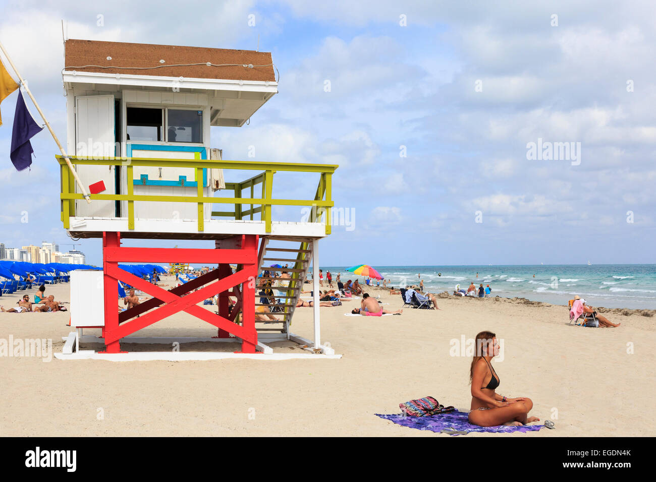 South Beach, Ocean View, Miami with the pacific Ocean and wooden lifeguard shelter, Miami, Florida, USA Stock Photo