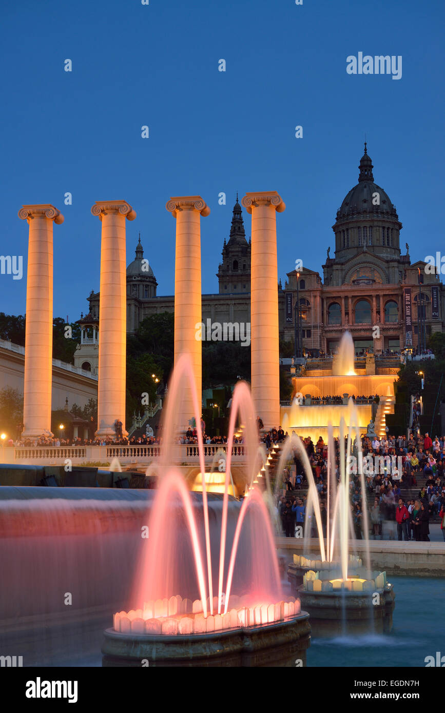 Illuminated fountain Font Magica and Palau Nacional at night, National Museum, Montjuic, Barcelona, Catalonia, Spain Stock Photo
