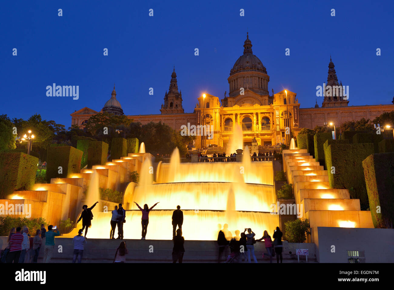 Illuminated fountain and Palau Nacional at night, National Museum, Montjuic, Barcelona, Catalonia, Spain Stock Photo