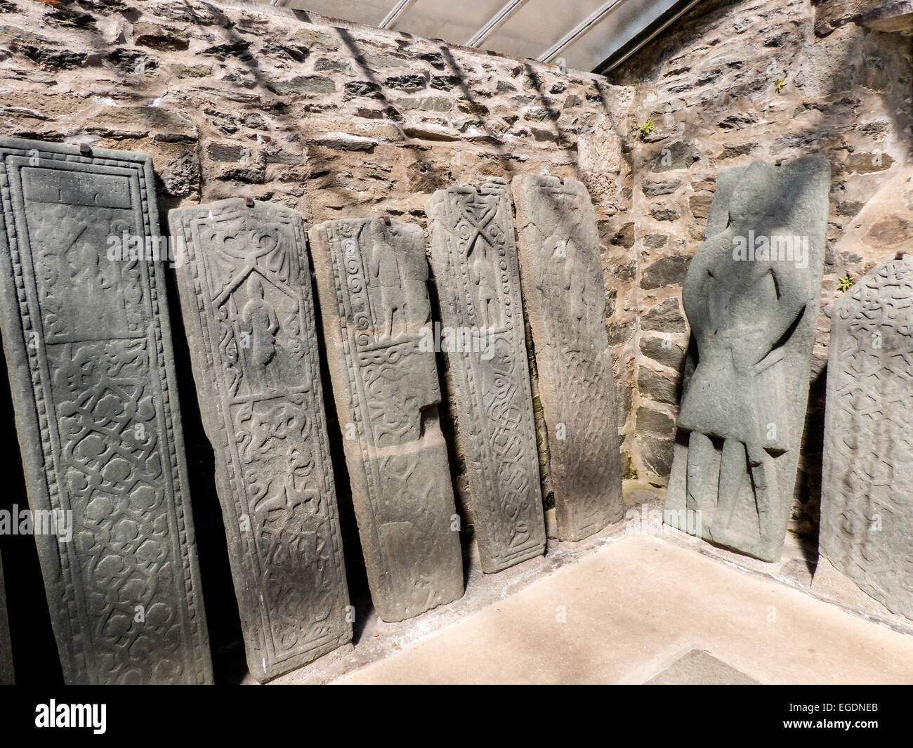 The Kilmartin Stones are a collection of ancient graveslabs at Kilmartin parish church in the village of Kilmartin, Argyll, Scot Stock Photo