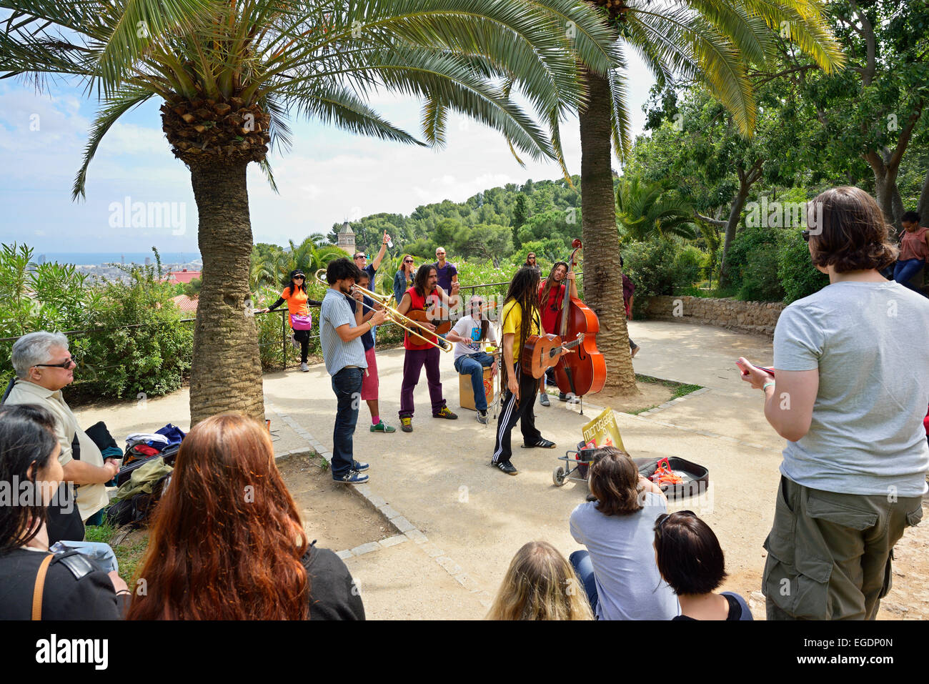 Band playing in Park Guell, architect Antoni Gaudi, UNESCO World Heritage Site Park Guell, Catalan modernista architecture, Art Nouveau, Barcelona, Catalonia, Spain Stock Photo