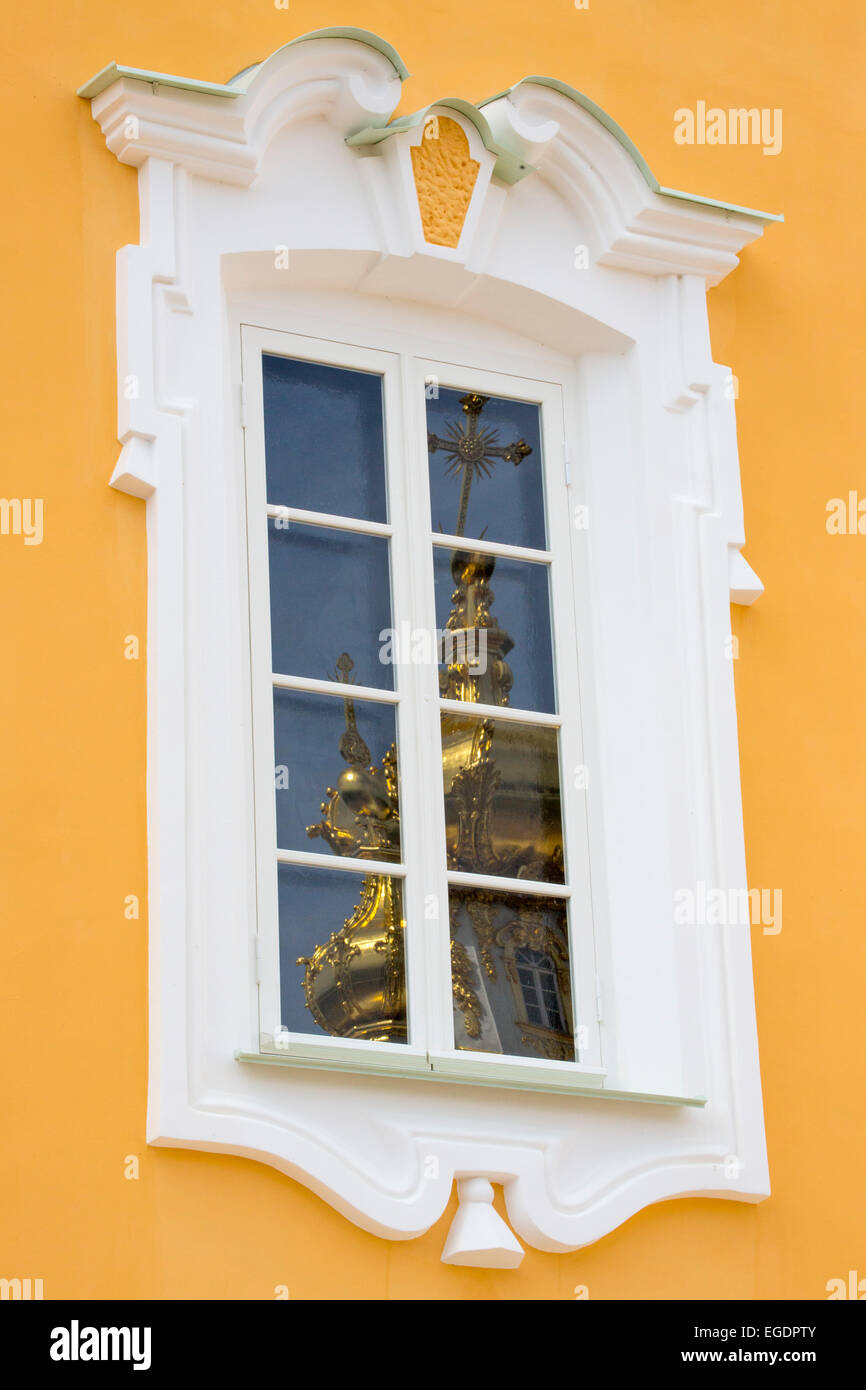 Reflection of golden towers in window at Peterhof Palace (Petrodvorets), St. Petersburg, Russia, Europe Stock Photo