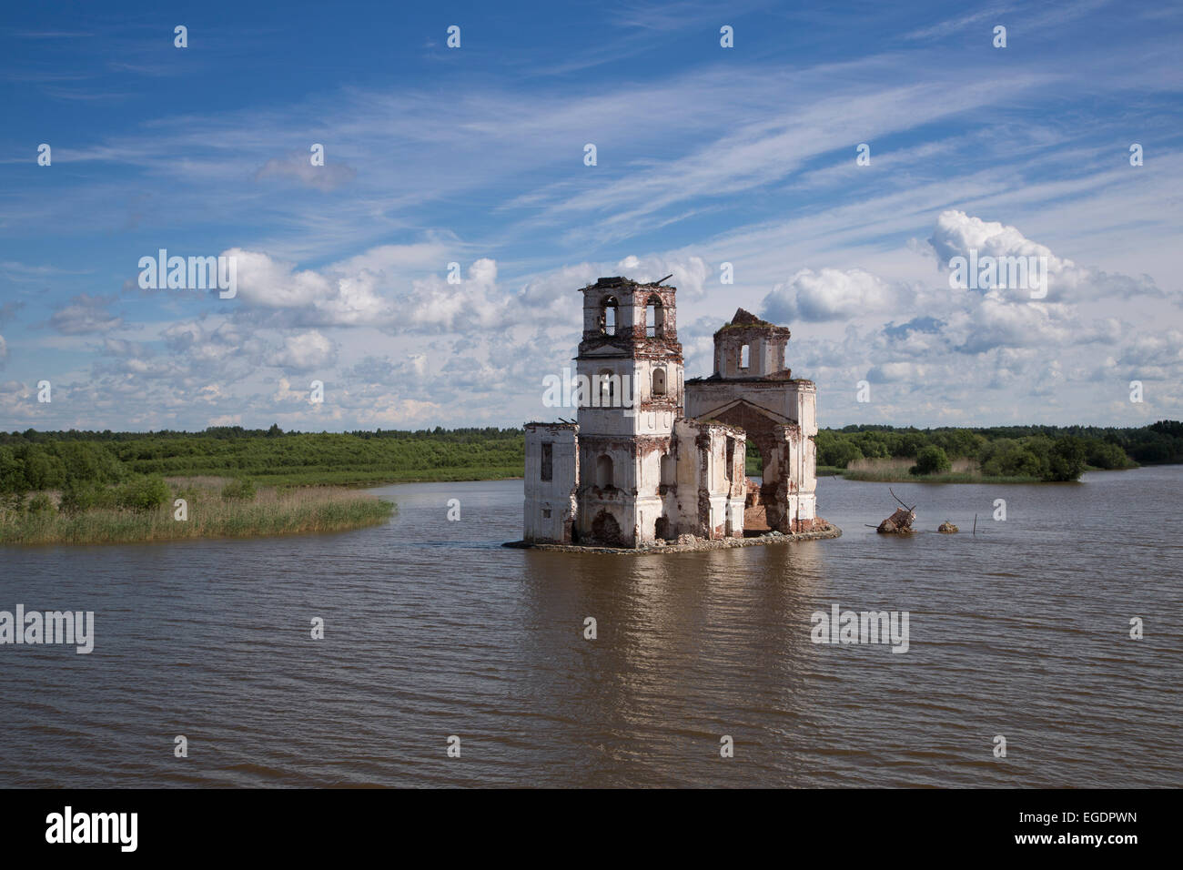 Remains of the Nativity Church in Krokhino, Lake Beloye, Volga-Baltic Canal, Belozersk, Russia, Europe Stock Photo