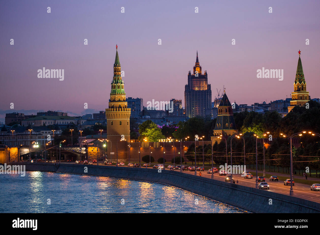 Moskva river and illuminated Kremlin buildings at dusk, Moscow, Russia, Europe Stock Photo