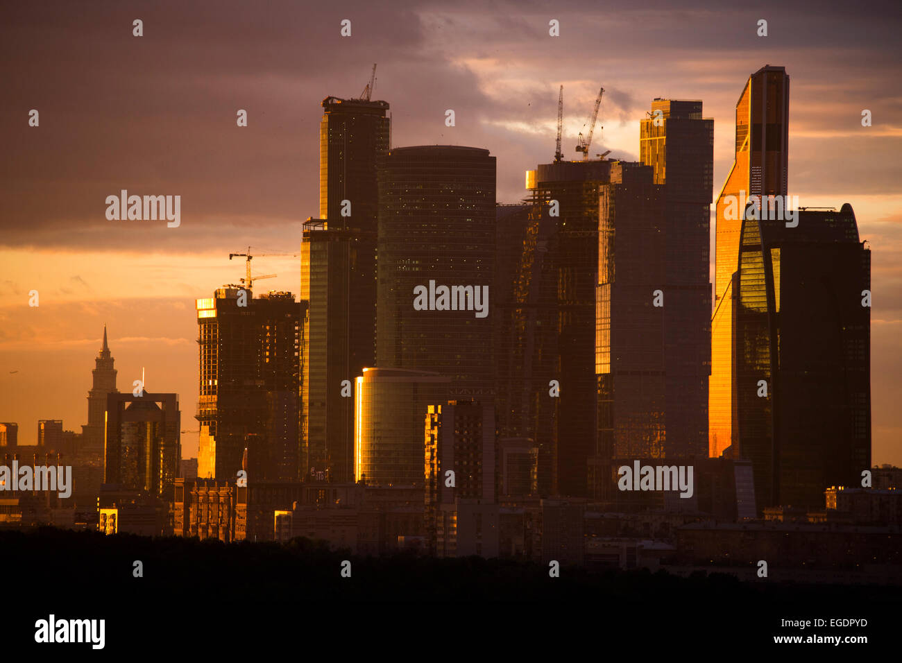 View from Sparrow Hills to Moscow City with skyscrapers at sunset, Moscow, Russia, Europe Stock Photo