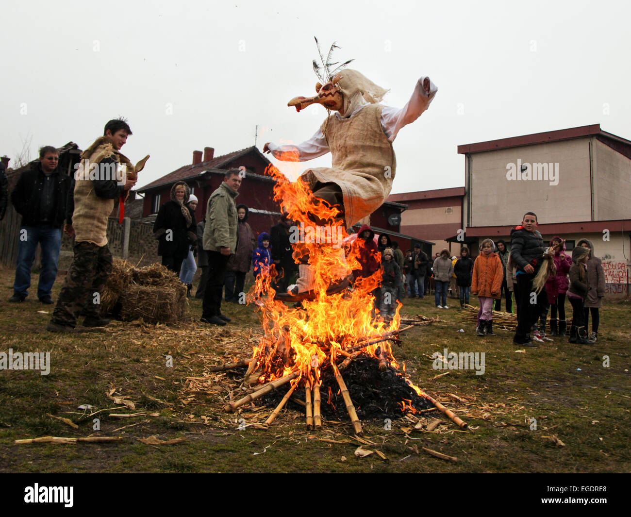 Jumping over fire as a traditional custom in Lozovik, Serbia Stock