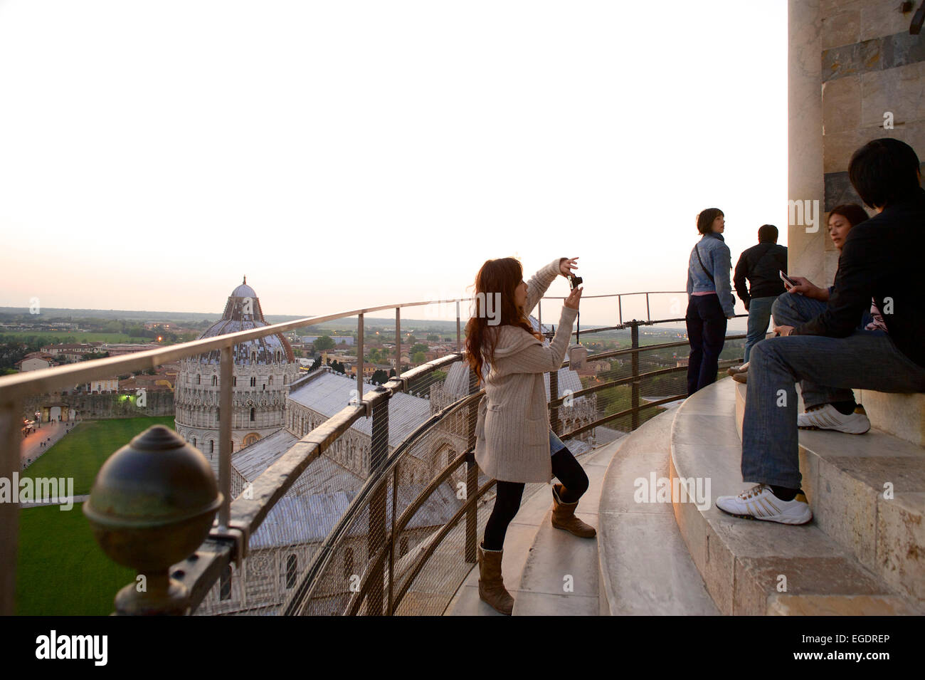 Tourists on the Leaning Tower of Pisa, Pisa, Tuscany, Italy Stock Photo