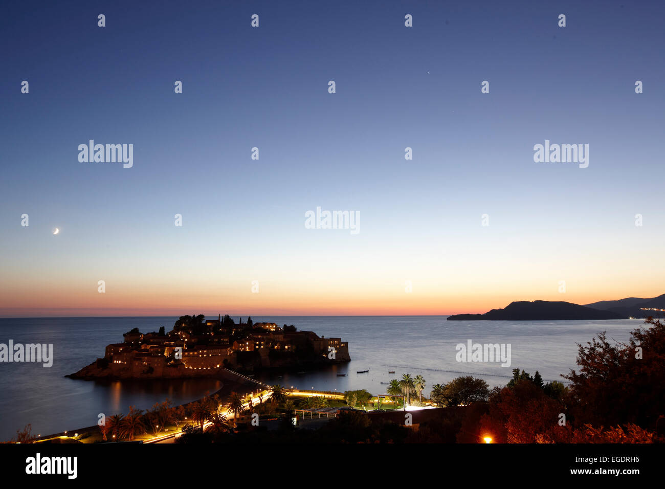 Aman Sveti Stefan resort in the evening, Sveti Stefan, Budva, Montenegro Stock Photo