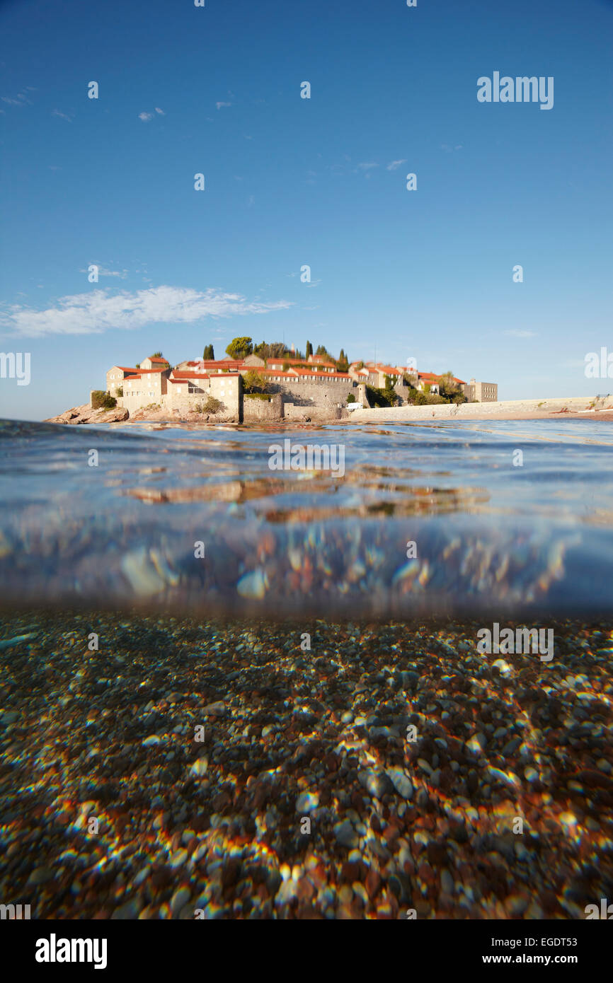View over Adriatic Sea to Aman Sveti Stefan, Budva, Montenegro Stock Photo