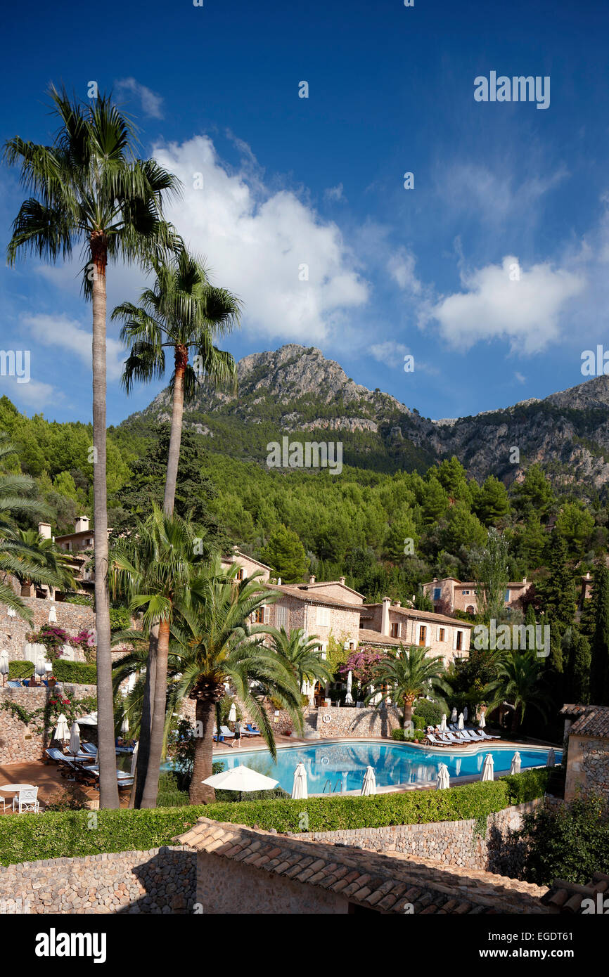 Hotel La Residencia, Serra de Tramuntana in backgorund, Deia, Majorca, Spain Stock Photo