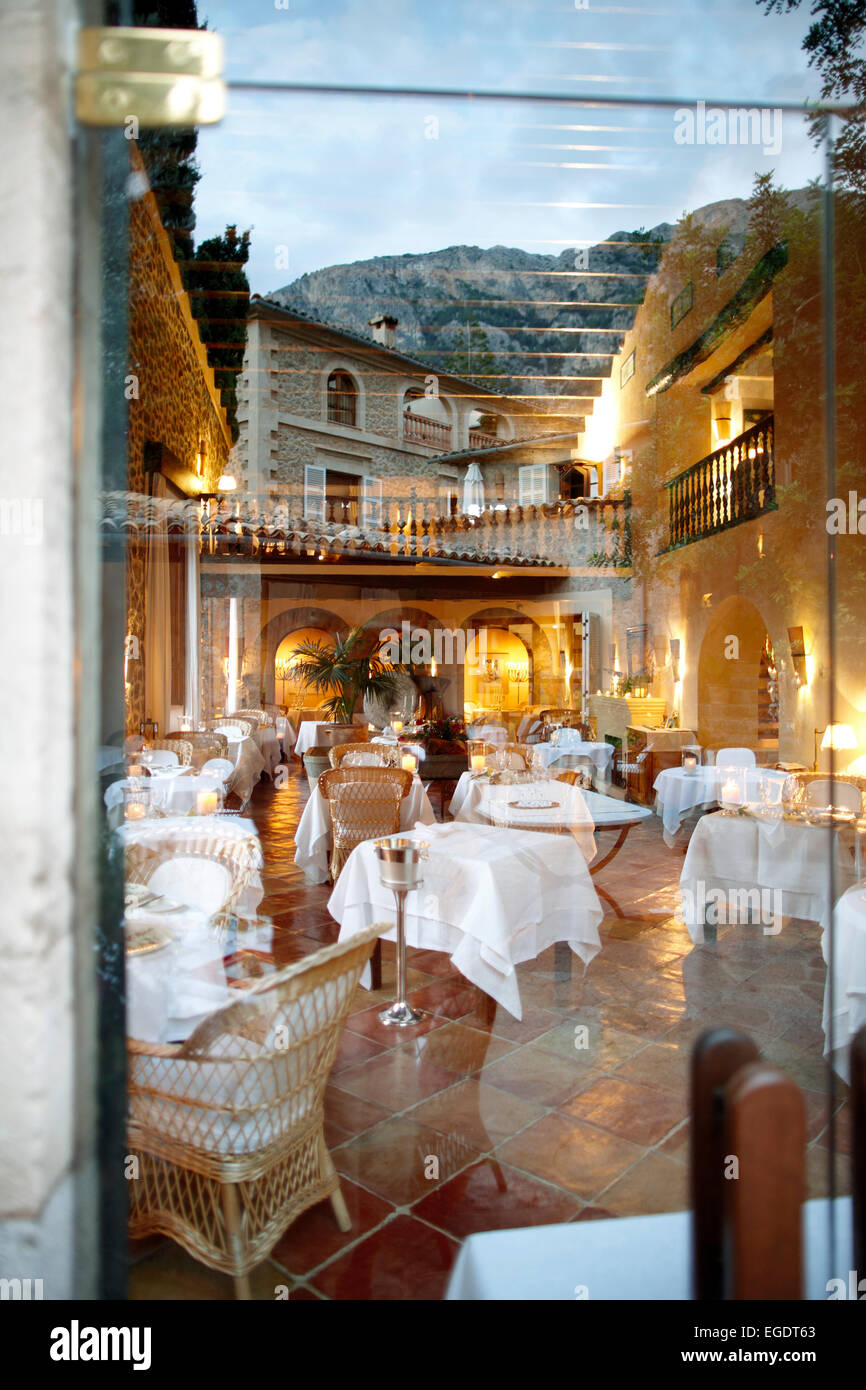 Reflection of a restaurant, Deia, Majorca, Spain Stock Photo