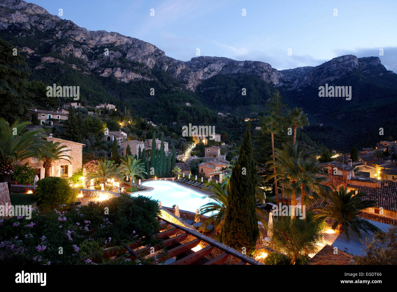 View over a hotel to Serra de Tramuntana in background, Deia, Majorca, Spain Stock Photo