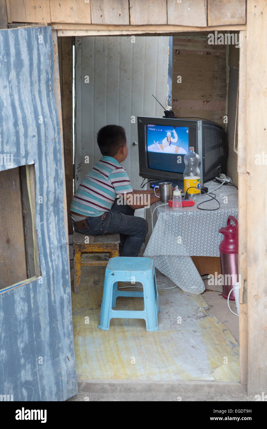 Boy watching television in house, Ulaanbaatar, Mongolia Stock Photo