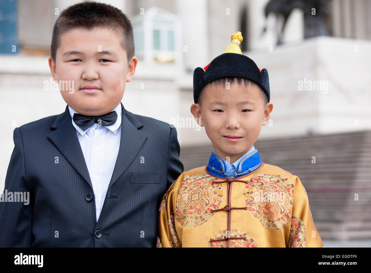 2 Mongolian boys in Sukhbaatar Square, Ulaanbaatar, Mongolia Stock Photo