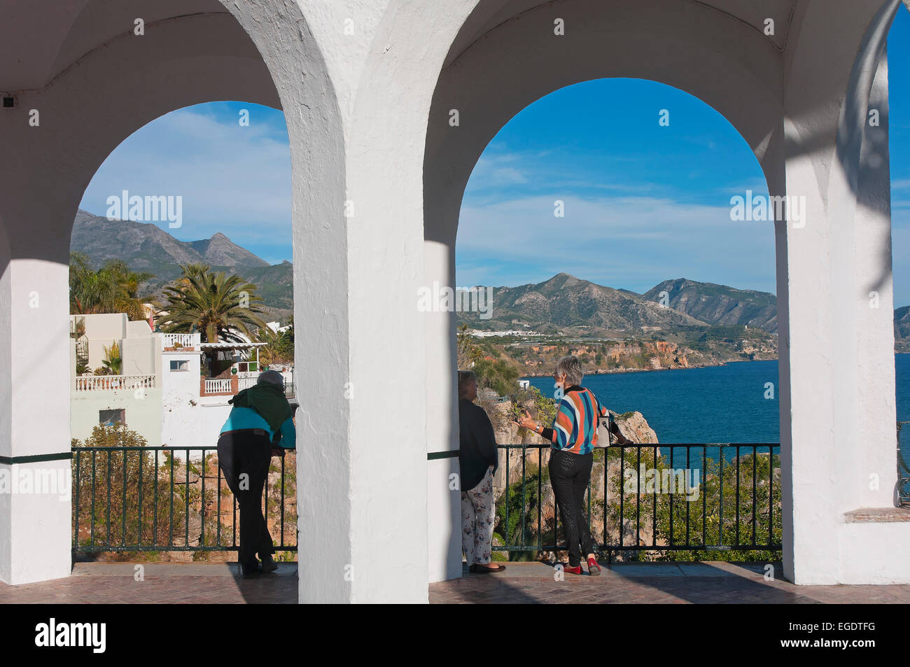 Balcony and landscape, Nerja, Malaga province, Region of Andalusia, Spain, Europe Stock Photo