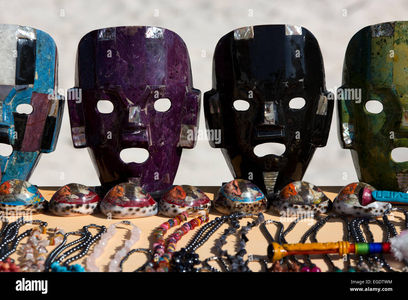 Souvenir masks for sale on the beach Mahahual Quintana Roo Mexico Stock Photo