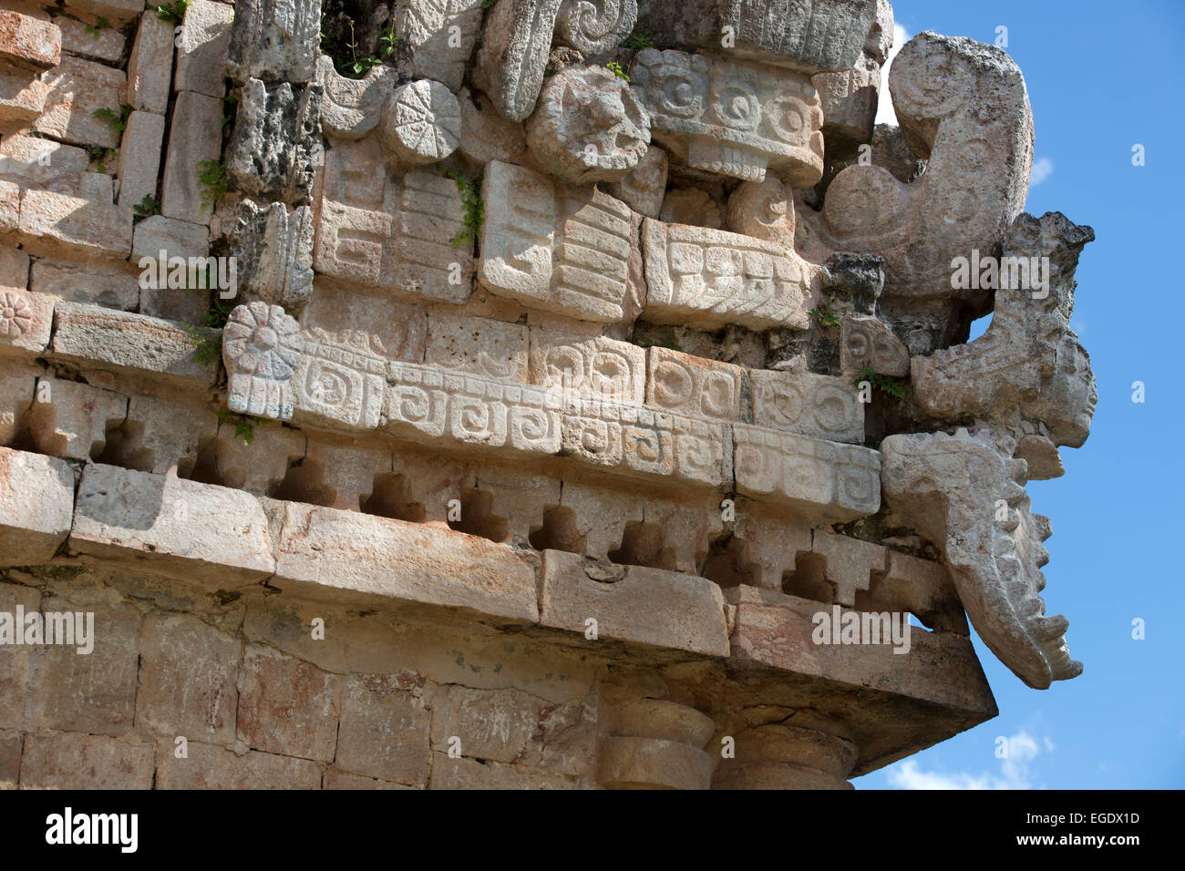 Figure of a man inside a serpent mouth Mayan ruins at Labna, Yucatan ...