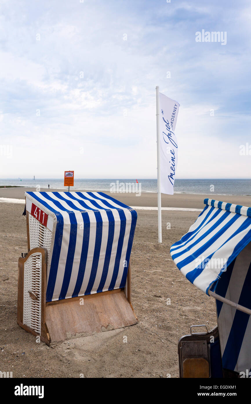 Beach chairs on the beach, Weststrand, Norderney Island, Nationalpark, North Sea, East Frisian Islands, East Frisia, Lower Saxony, Germany, Europe Stock Photo