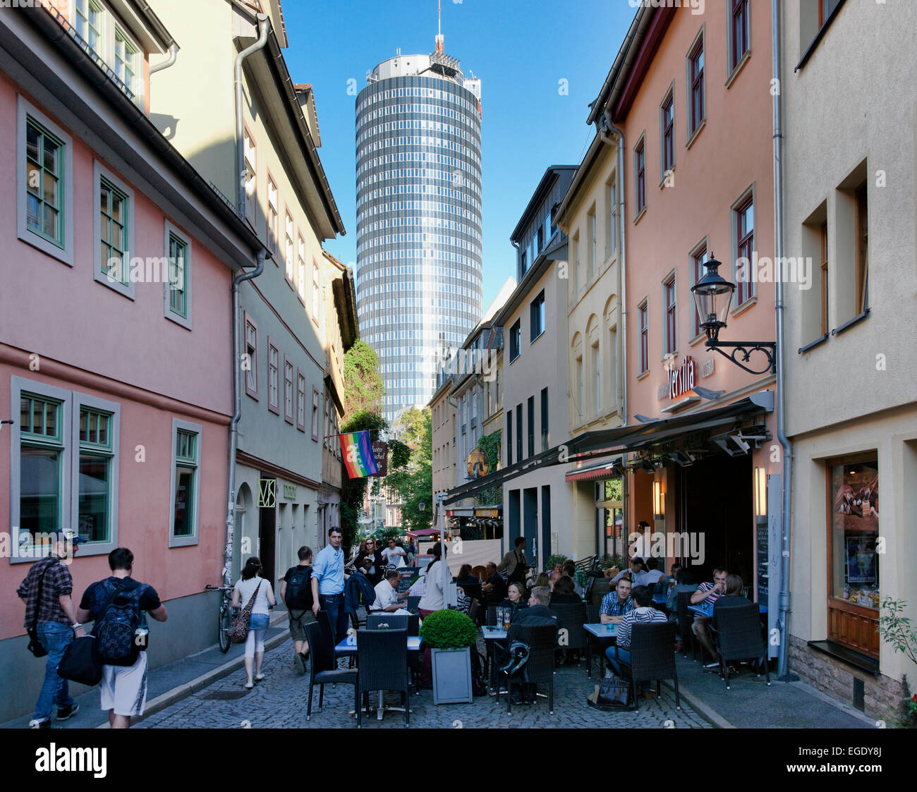 Cafe in the Wagnergasse, Jentower in the background, Jena, Thuringia, Germany Stock Photo